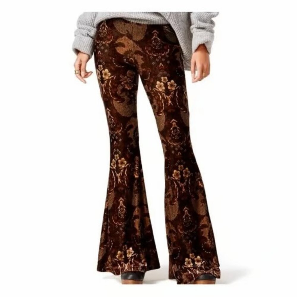 Free People Brown Velvet Flares Stretchy Boho 70s Maximal Festival Pattern Sz S
